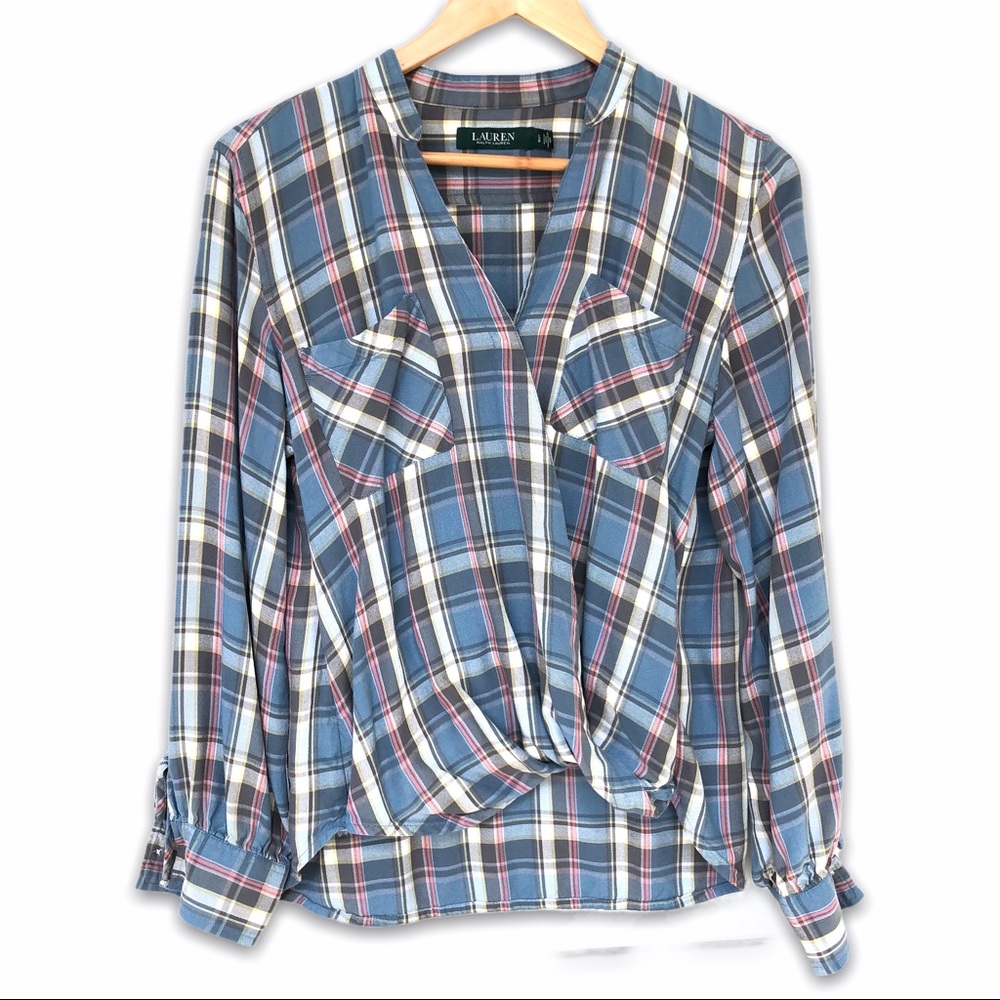 Lauren Ralph Lauren Blue Plaid Faux Wrap Top Sz L